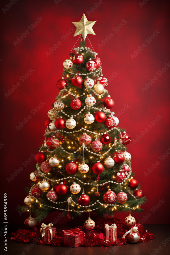 Merry Christmas. Christmas tree Decorated with ornaments and lights on a red background