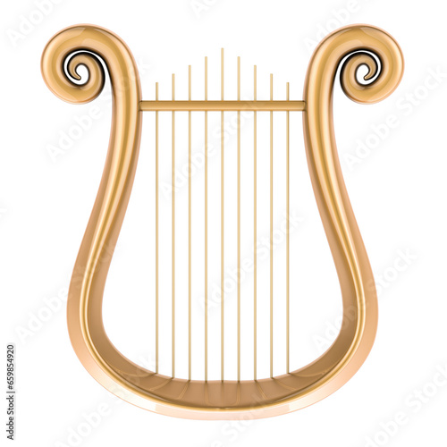 Golden lyre, front view. 3D rendering isolated on transparent background