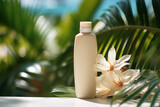 Blank plastic cosmetics container for cream or shampoo and tropical flowers. Cosmetics bottle mockup with tropical leaves.