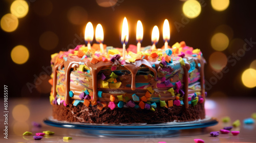 Colorful birthday cake with sprinkles and candles