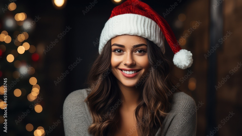 Beautiful young woman wearing Santa hat in room decorated for Christmas Beautiful young woman wearing Santa hat in room decorated for Christmas
