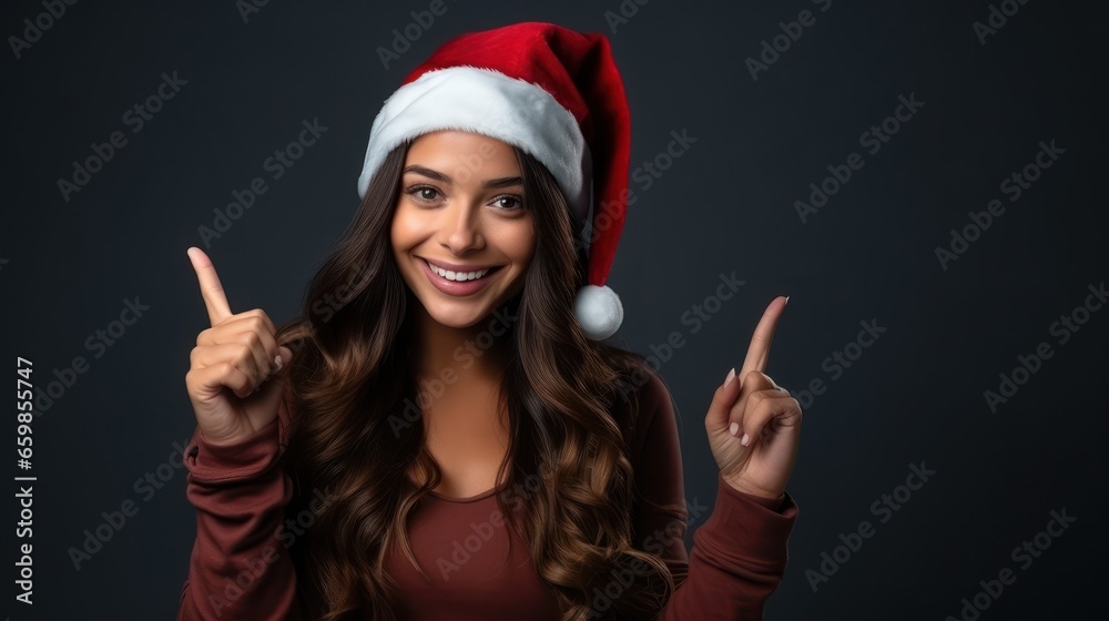 Beautiful young woman wearing Santa hat in room decorated for Christmas Beautiful young woman wearing Santa hat in room decorated for Christmas
