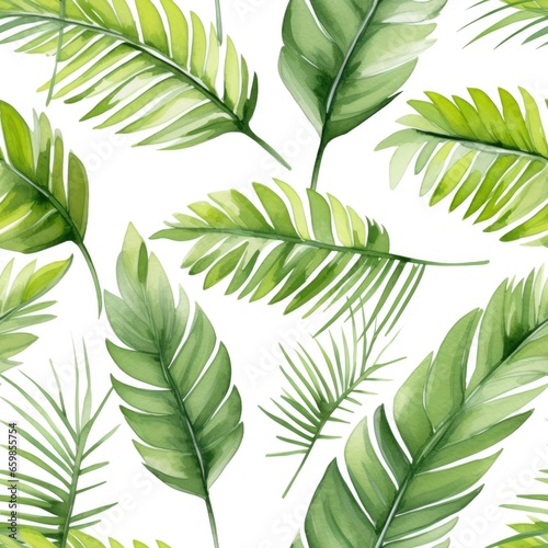 Seamless pattern of watercolor tropical leaves on white background