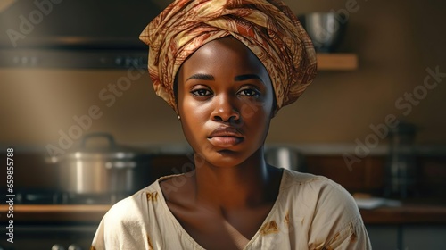 Unhappy overworked African housewife feels distressed sick and tired of cooking and housework. Upset woman housekeeper tired of household chores. Exhausted lady in the kitchen, fatigue concept.