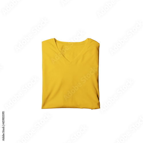 Mustard t-shirt mockup photo, blank vneck tshirt beautifully folded for presentation design, prints, patterns. Mustard folded v neck shirt