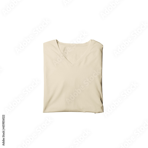 Tan t-shirt mockup photo, blank vneck tshirt beautifully folded for presentation design, prints, patterns. Tan folded v neck shirt
