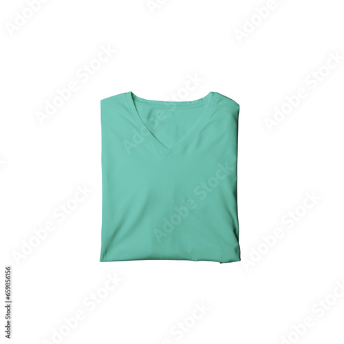 Teal t-shirt mockup photo, blank vneck tshirt beautifully folded for presentation design, prints, patterns. Teal folded v neck shirt