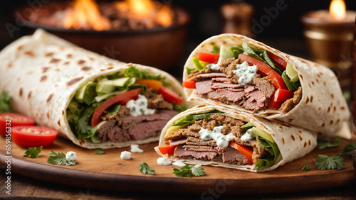 delicious photo of turkish doner kebab with mouthwatering meat and vegetables 2 photo