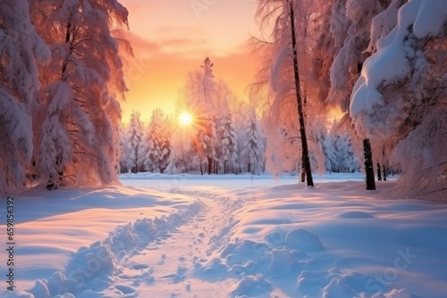 Beautiful winter landscape in the rays of sunset. Snowy road among trees © Vovmar