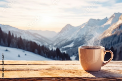 White mug of hot coffee or tea on wooden table in the morning with mountain and nature blur background
