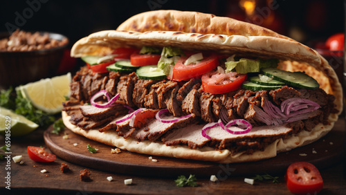 delicious photo of turkish doner kebab with mouthwatering meat and vegetables