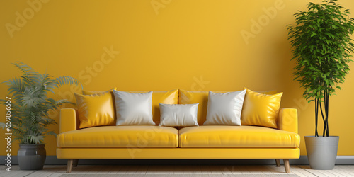 Yellow Mockup frame in living room interior, 3d render