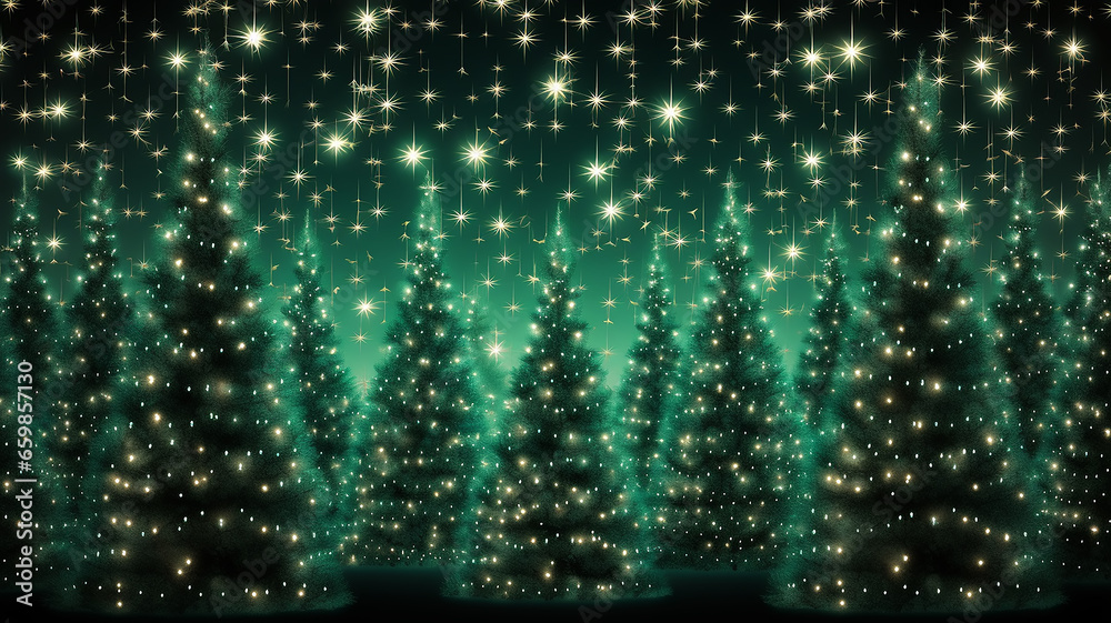 green christmas background with Christmas trees decorated with small lights, greeting card blank