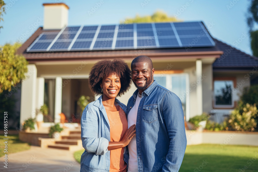 African American Couple Standing in Front of Solar-Powered Home. Generative Ai.