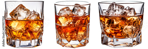 Set of brandy with ice, isolated on transparent background