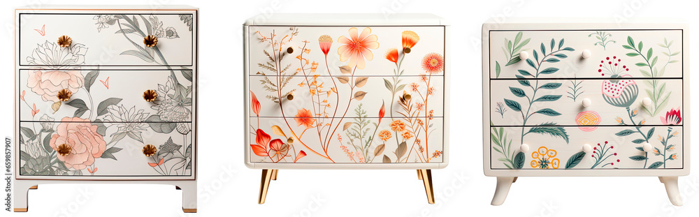 Set of modern chest of drawers with a floral pattern, isolated on transparent background - obrazy, fototapety, plakaty 