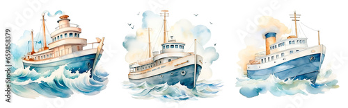 Set of watercolor cartoon cute a ship on the waves, isolated on transparent background photo