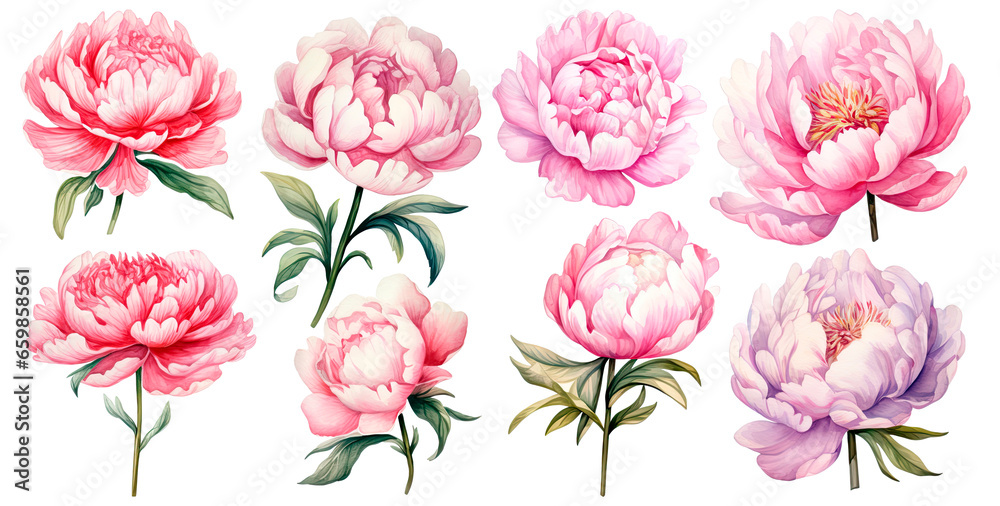 Set of Watercolor collection of hand drawn flowers peony and leaves, purple and pink color isolated on transparent background Set of Watercolor collection of hand drawn flowers peony and leaves, purple and pink color isolated on transparent background