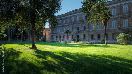 View of the garden of ancient abbey in the Marche region, Italy