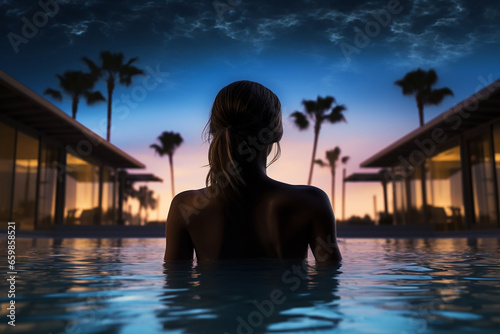 The silhouette of a woman in a luxury swimming pool © frimufilms