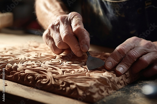Old hands of a sculptor carving wood, generated by AI