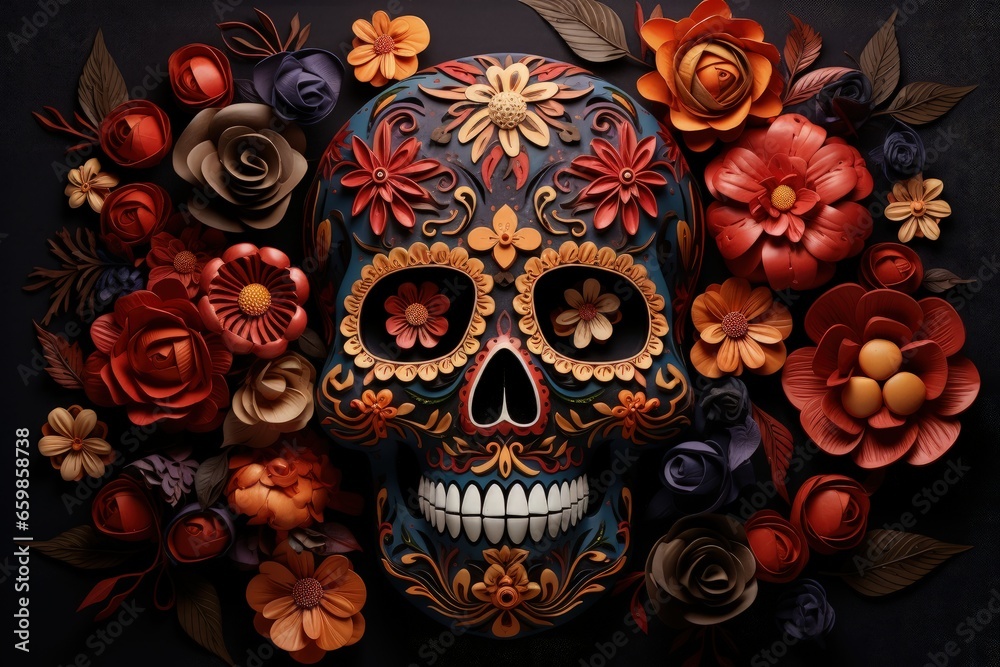 Day of Dead, Dia de los Muertos, Mexican Holiday, Skull Face with Flowers, Beautiful Traditional Art