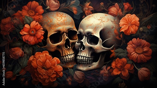 Day of Dead, Dia de los Muertos, Mexican Holiday, Skull Face with Flowers, Beautiful Traditional Art