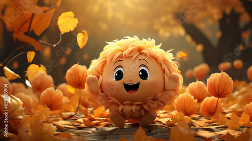 cartoon cheerful yellow smile emotion fictional generated character in the autumn park animated happy october