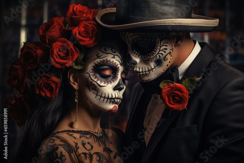 Day of Dead Couple, Dia de los Muertos, Mexican Holiday, Skull Face, Beautiful Art, Romantic Love