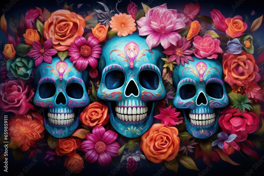 Day of Dead, Dia de los Muertos, Mexican Holiday, Skull Face, Beautiful Art