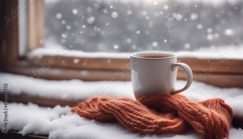 Cozy Winter Still Life: Tea, Knitting, and Snowy Serenity