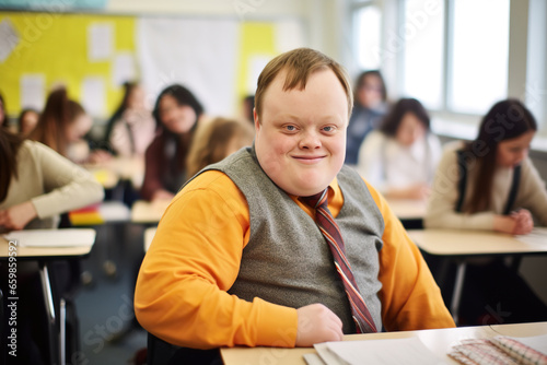One young caucasian teen with down syndrome is sitting at a desk in the classroom with other students. World genetic diseases day and syndrome down concept.