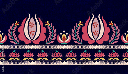 Colorful floral Hungarian folk art fabric pattern design on the dark blue background. Repeat motifs design for the edge of the fabric. Use for textile, fabric, clothing, skirt, and wrapping.