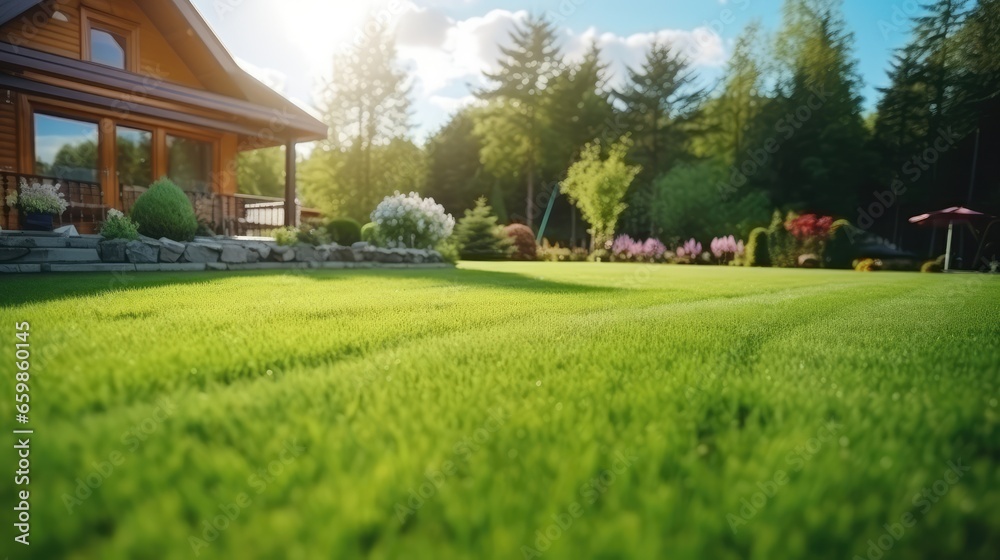 Beautiful view on cute backyard in sunny day, fresh green grass lawn in sunlight, landscaping in the garden, beauty of summer season Beautiful view on cute backyard in sunny day, fresh green grass lawn in sunlight, landscaping in the garden, beauty of summer season