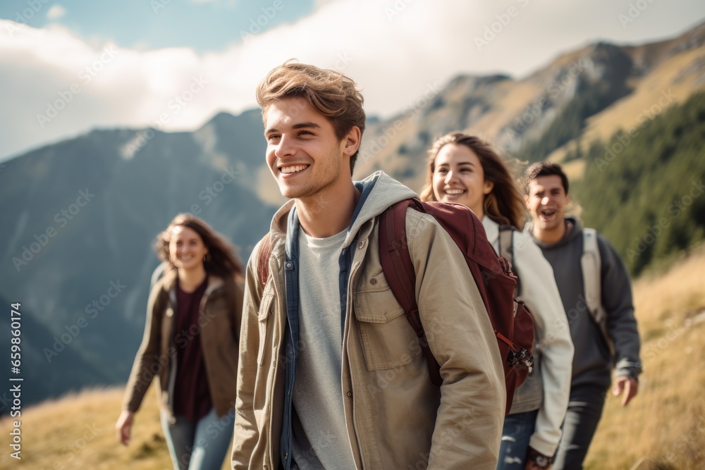 A group of teenagers hiking and enjoying nature, a group of young friends exploring the great outdoors in the mountains, embracing an active lifestyle in nature.