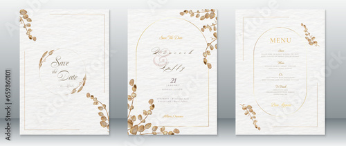Wedding invitation card template nature design luxury of gold frame and watercolor background
