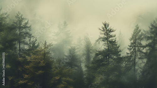landscape coniferous forest in autumn fog, view of fir trees and pines in the silence and tranquility of wild northern nature background