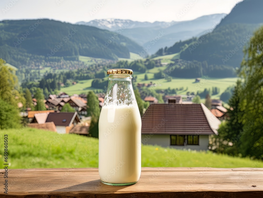Bottle of homemade village milk against the backdrop of the village. AI Bottle of homemade village milk against the backdrop of the village. AI