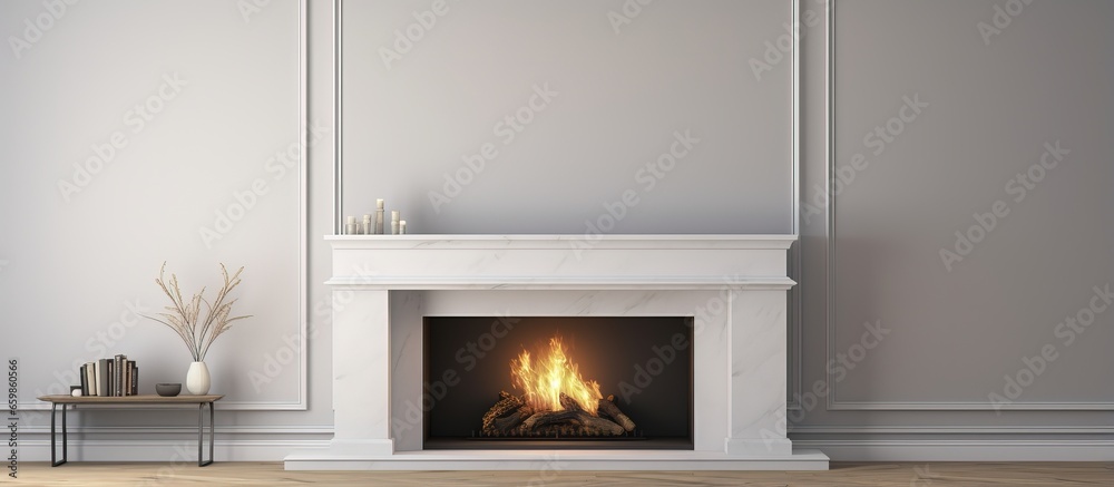 Empty traditional fireplace blank walls and mantle piece mockup shelf ...