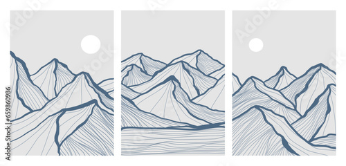 Set of Mountain line art landscape illustration. Creative minimalist modern line art pattern. Abstract contemporary aesthetic backgrounds landscapes with Mountain and hills