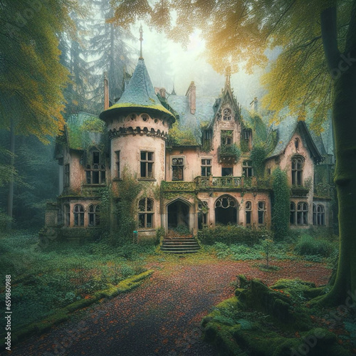 gorgeous abandoned medieval mansion in a fairytale forest. Generative AI.