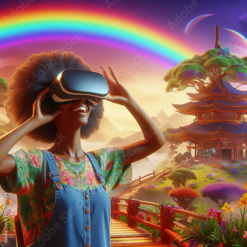 Fotografia a happy african american women wearing a VR headset in a Shangri-La with a rainbow, digital art
