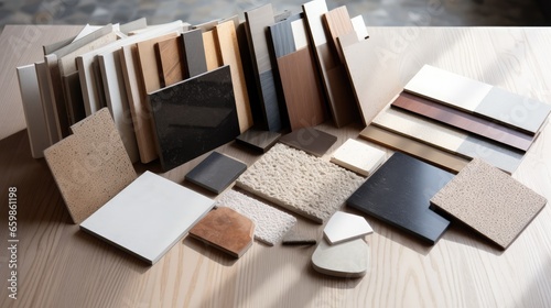 samples of interior material consists concrete tile, wooden laminated or veneer, artificial stones, green fabric for drapery, wooden vinyl flooring. interior selected material for mood and tone board.