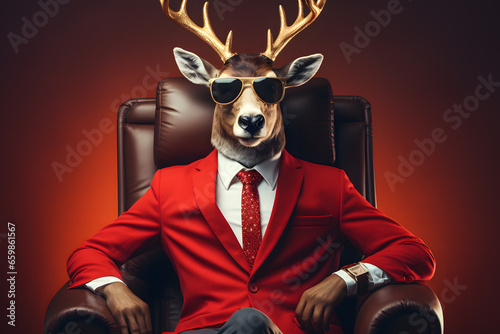 Modern stylish Christmas Reindeer with sunglasses and business suit sitting like a Boss in chair. Creative animal concept banner. Wealthy Santa Claus's sleigh puller. photo