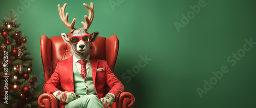 Fototapeta Naklejka Na Ścianę i Meble -  Trendy Christmas Rudolph deer with sunglasses and business suit sitting like a Boss in chair. Creative animal concept banner. Pastel teal green background.