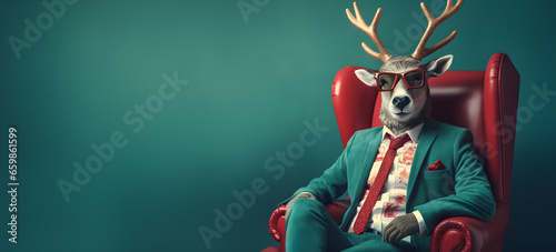 Photo Modern Xmas Deer with hipster sunglasses and business suit sitting like a Boss in chair