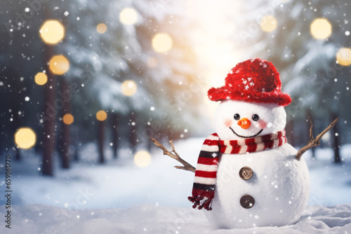 Decoración navideña con un alegre muñeco de nieve en la nieve en un parque invernal con un hermoso desenfoque de luces. © ACG Visual