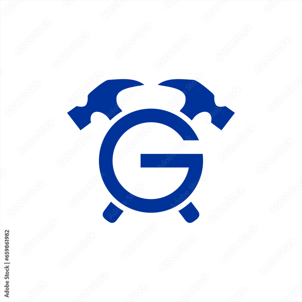 vector design of letter g logo and carpentry tools, crossed hammer logo vector design of letter g logo and carpentry tools, crossed hammer logo