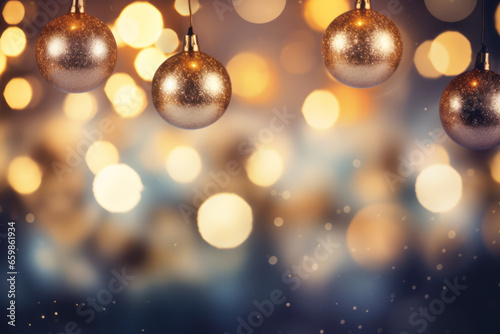 Fondo de bonita decoración navideña con bolas doradas y luces de Navidad difuminadas. Fondo difuminado de pantalla ancha para Año Nuevo. photo