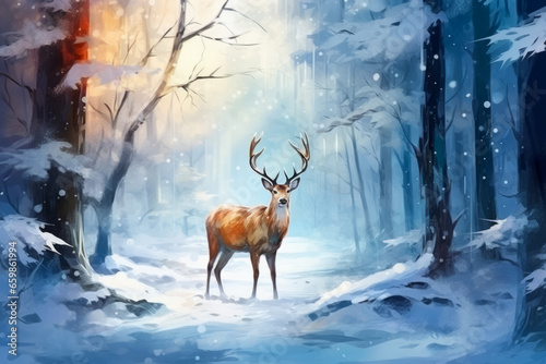 Escena de Navidad de un ciervo en el bosque nevado.
